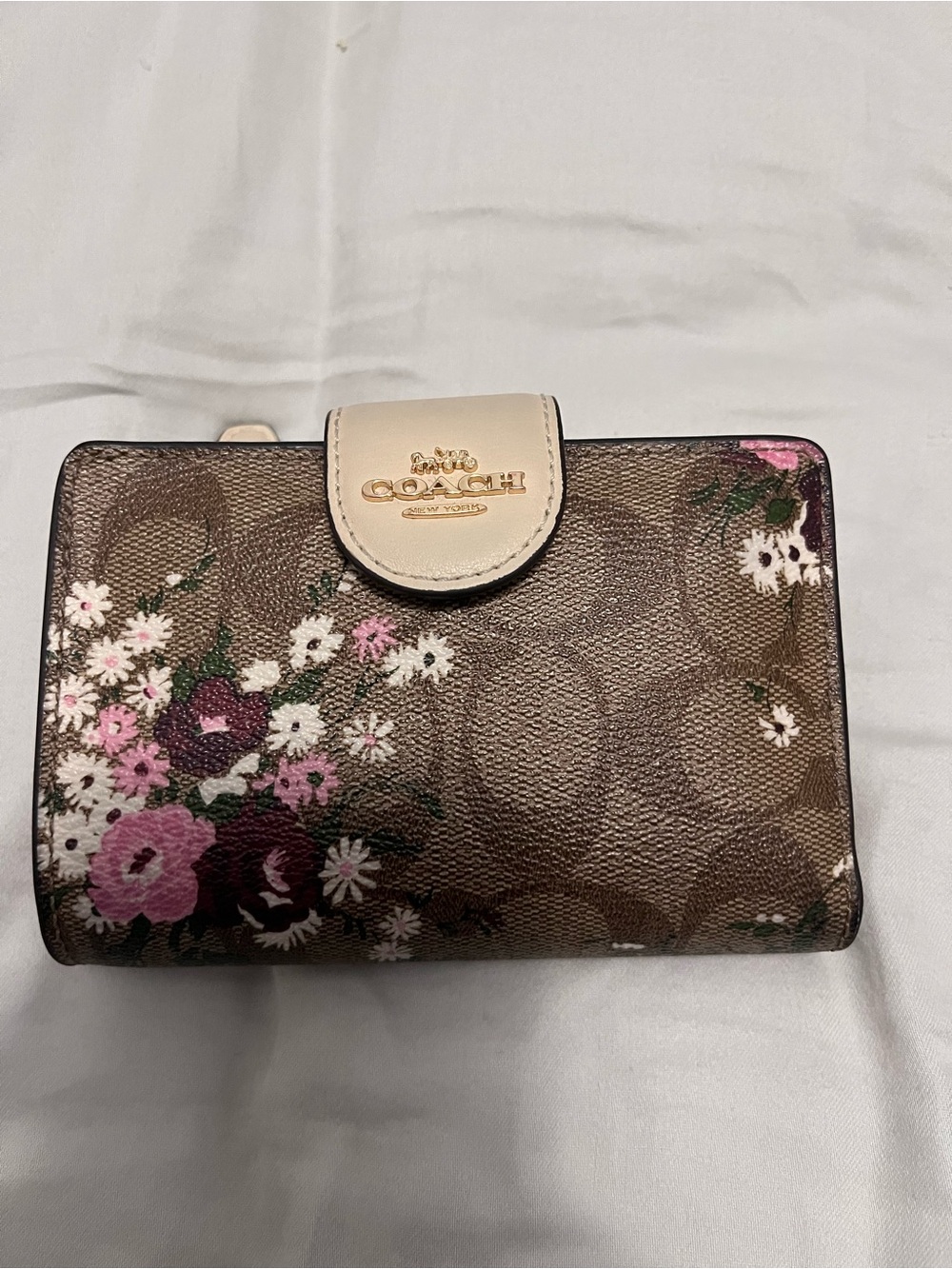 Coach Brown Signature Floral Wallet with Cream Snap Tab